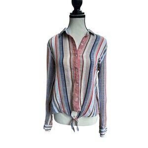 HARPER Linen Striped Button Up Tie Front Roll Cuff Sleeve Top Women's Size S